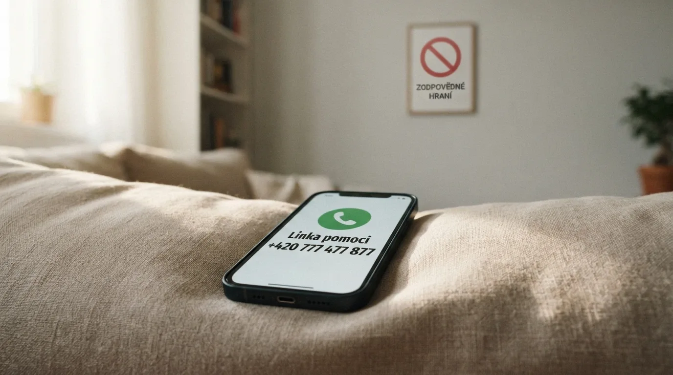 Telefon s vytočeným číslem linky pomoci, v pozadí symbol přeškrtnutého automatu