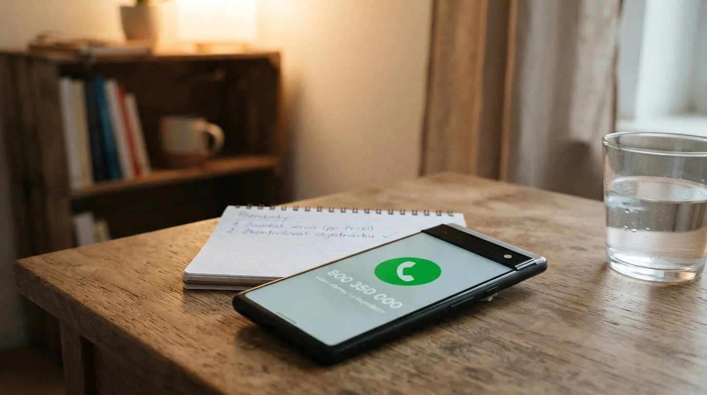 Telefonní sluchátko na stole — symbol nonstop linky pomoci, diskrétní, bez tváře