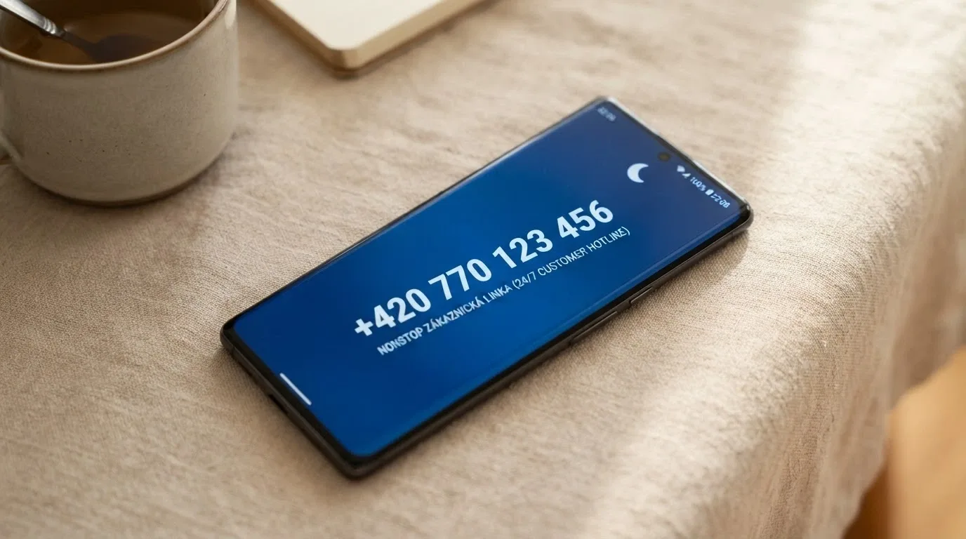 Telefon s číslem linky pomoci 777 477 877 na displeji, vedle něj symbol nonstop dostupnosti