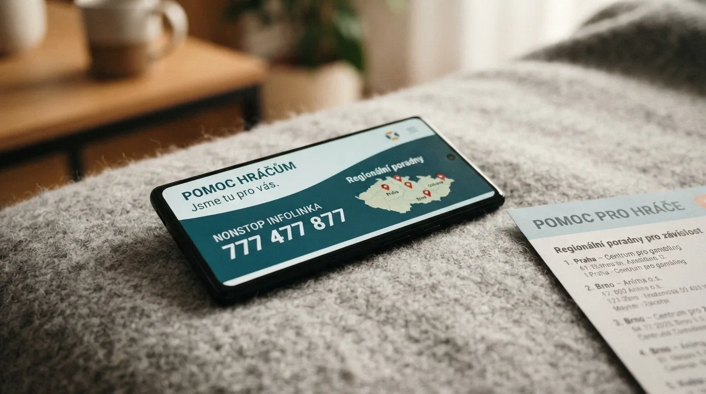 Telefon s číslem linky pomoci 777 477 877 na displeji a mapa 84 poraden v ČR