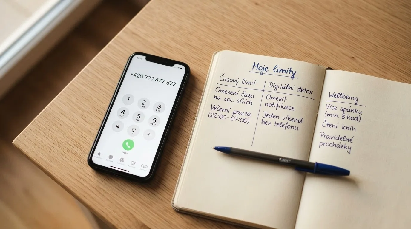 Telefon s vytočeným číslem +420 777 477 877 na displeji, vedle něj poznámkový blok s nadpisem „Moje limity“ a třemi vyplněnými kolonkami