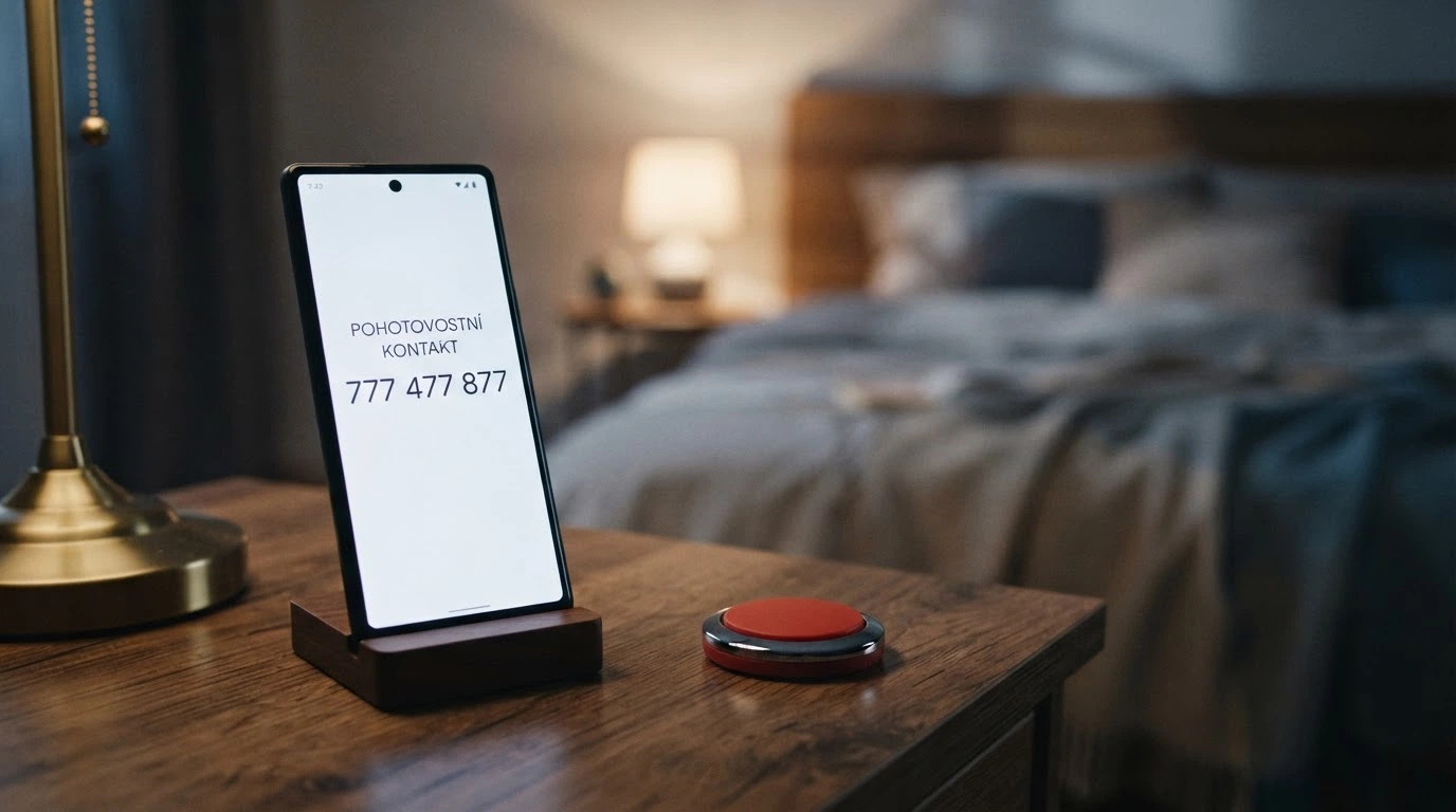 Telefon s nonstop linkou pomoci na displeji vedle ikony panic button