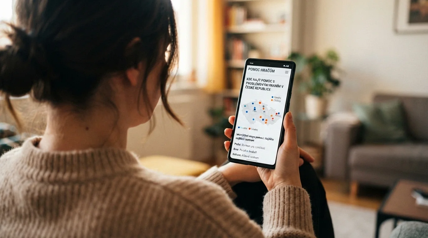 Mobilní obrazovka s webem hazardni-hrani.cz — mapa pomoci a kontakty na adiktologické poradny