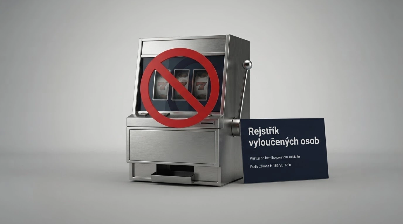 Symbol přeškrtnutého hracího automatu s nápisem Rejstřík vyloučených osob