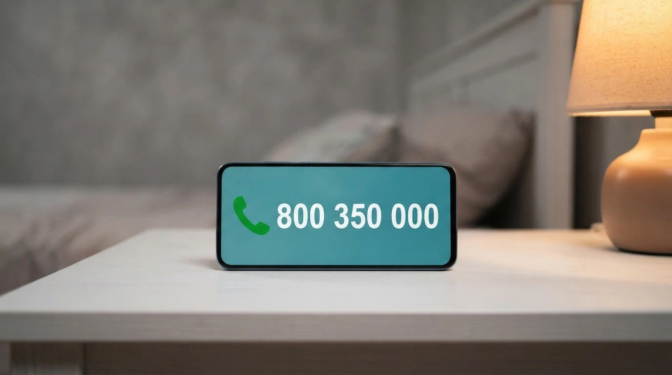 Telefonní linka důvěry s číslem 800 350 000 na displeji, vedle logo Národního monitorovacího střediska pro drogy a závislosti