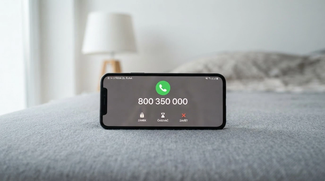 Telefonní číslo linky pomoci na displeji mobilního telefonu spolu s ikonami zámku, přesýpacích hodin a křížku zdravotnické pomoci