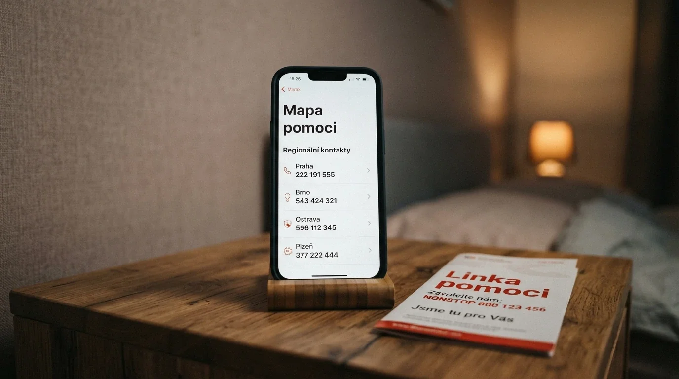 Telefon s otevřenou stránkou Mapa pomoci, na stole leták Linky pomoci, teplé tlumené světlo