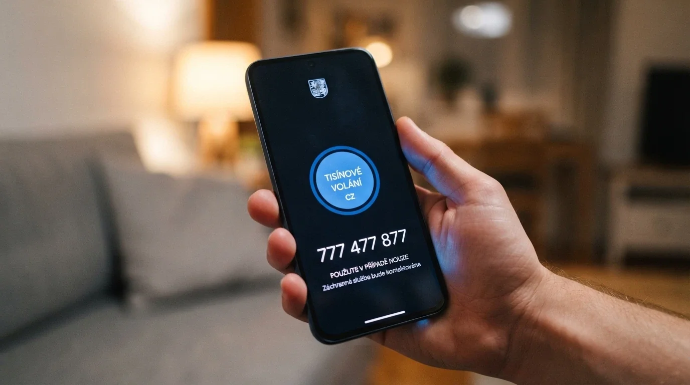 Telefon s číslem linky pomoci 777 477 877 na displeji vedle modrého tlačítka panic button