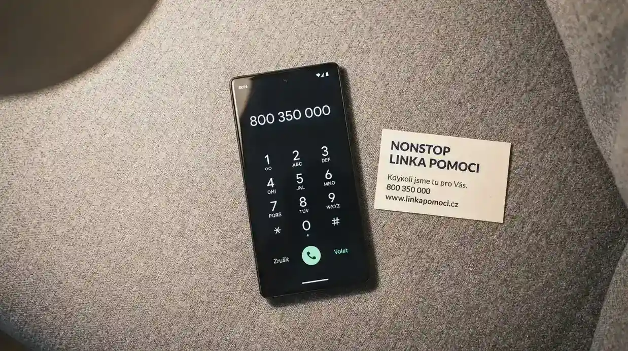 Telefon s vytočeným číslem 800 350 000 na displeji, vedle něj vizitka s logem Národní linky pro odvykání hraní