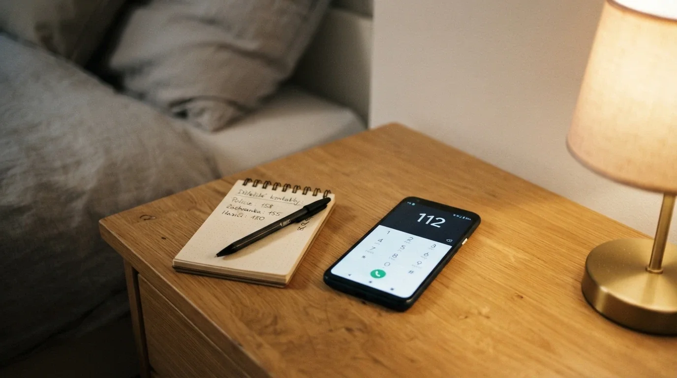 Telefon s vytočeným číslem linky pomoci na displeji, vedle něj poznámkový blok s nadepsanými limity vkladů a času