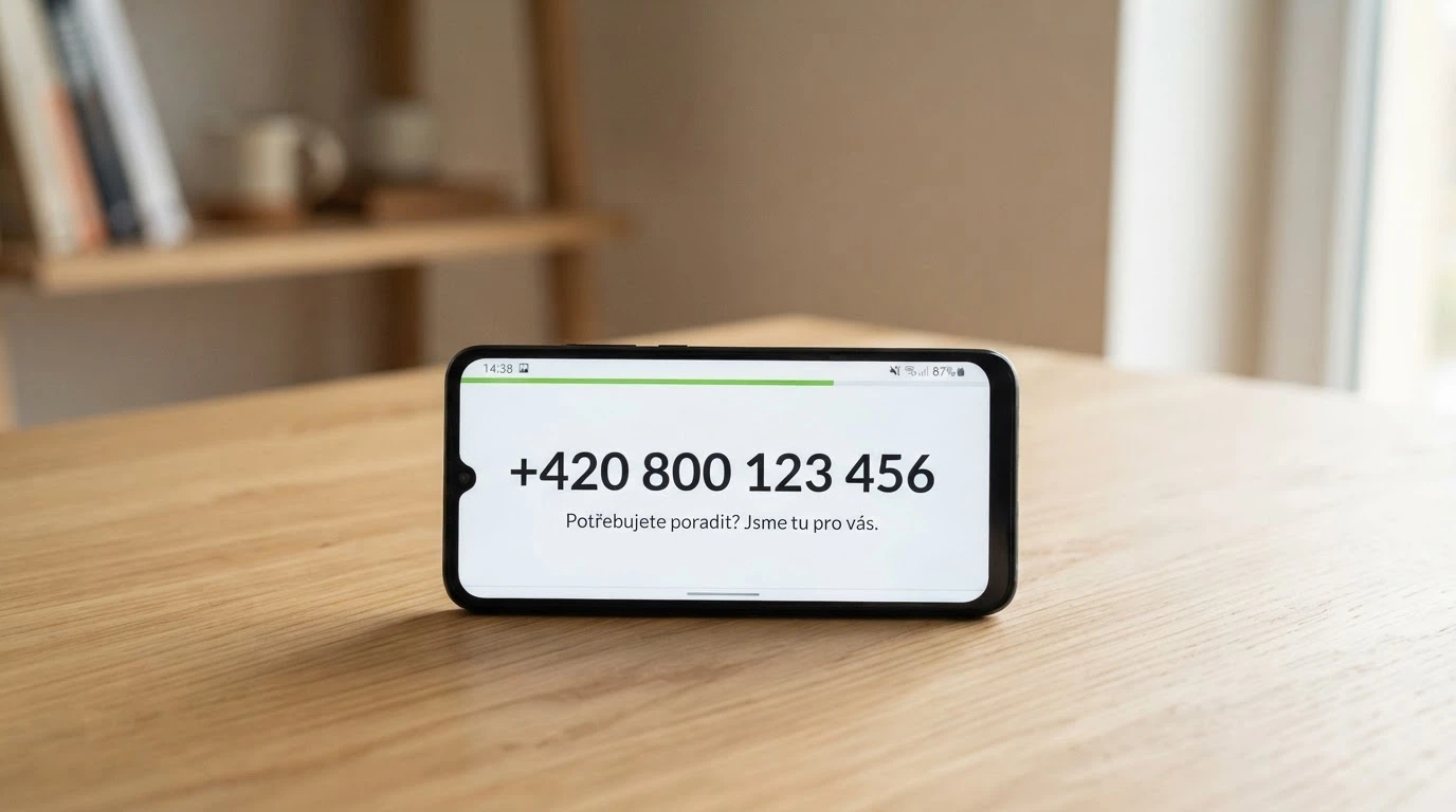 Telefon s vytočeným číslem linky pomoci na displeji, vedle logo Zodpovědné hraní
