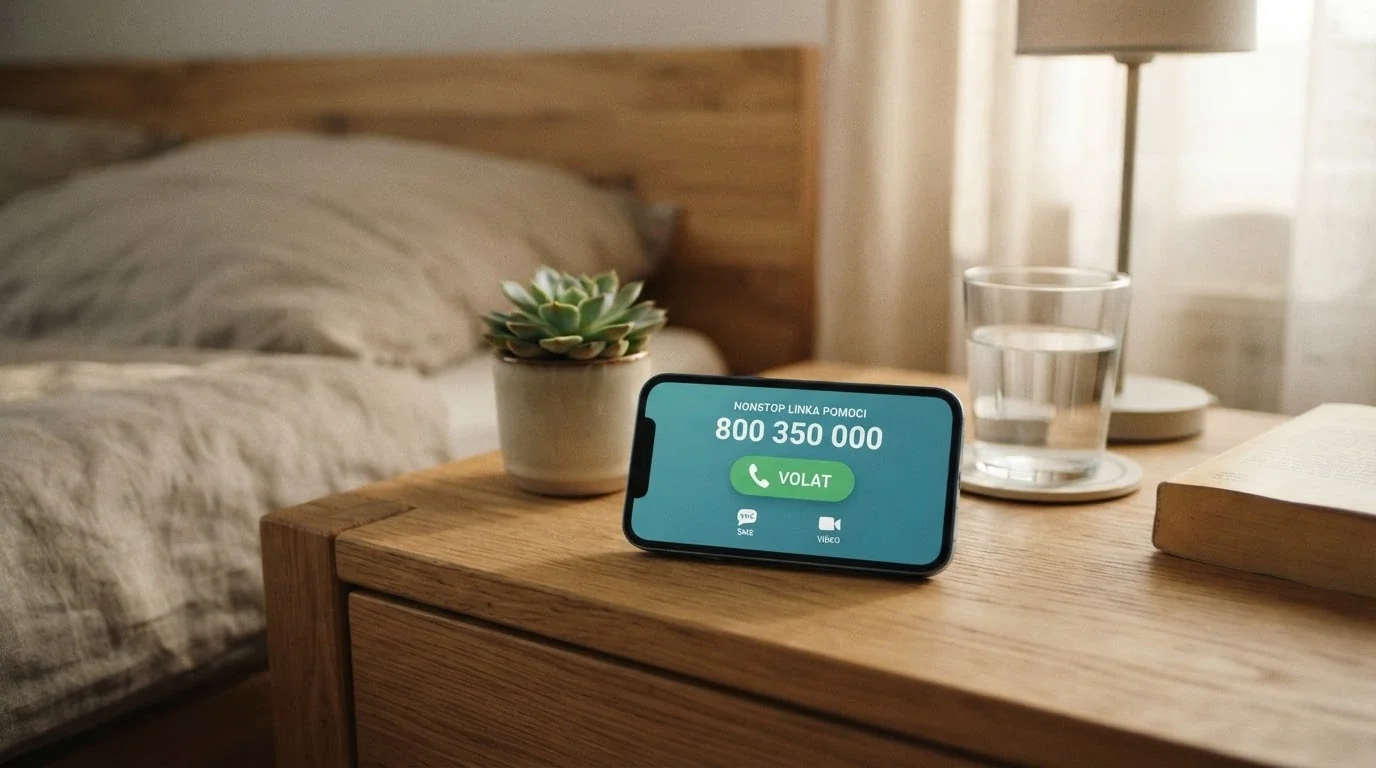 Telefon s vytočeným číslem 800 350 000 — Národní linka pro odvykání hraní — na obrazovce